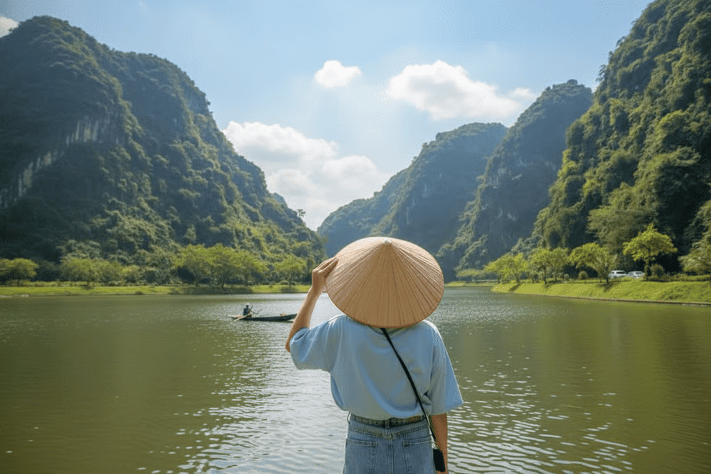 A serene moment as a girl in a traditional conical hat gazes across the tranquil lake
